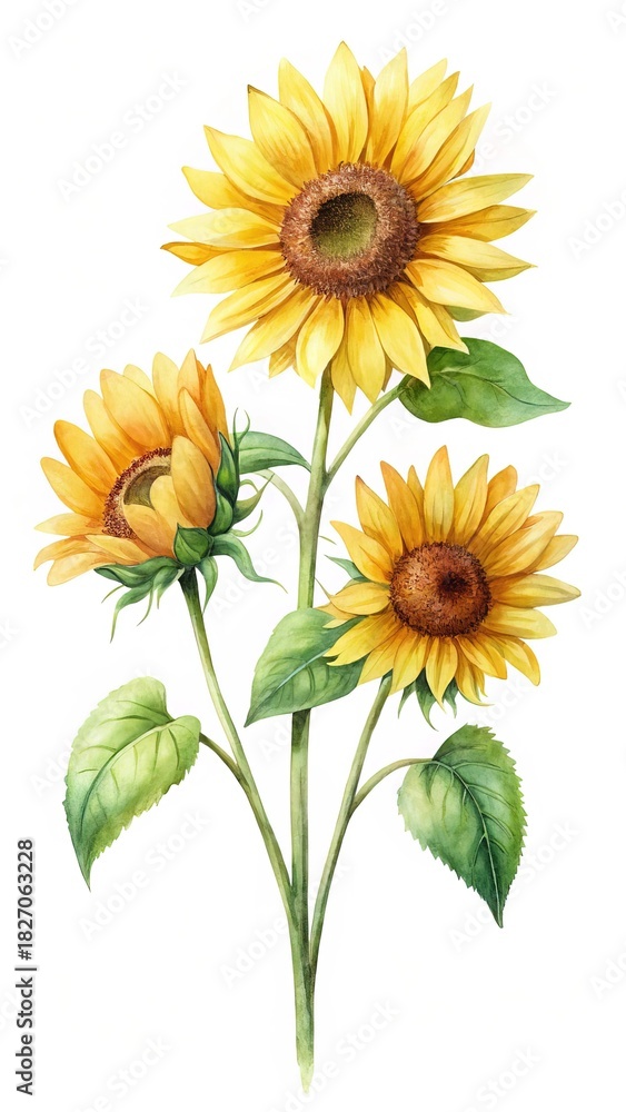 Fototapeta premium Watercolor painting of a trio of sunflowers with leaves on white background