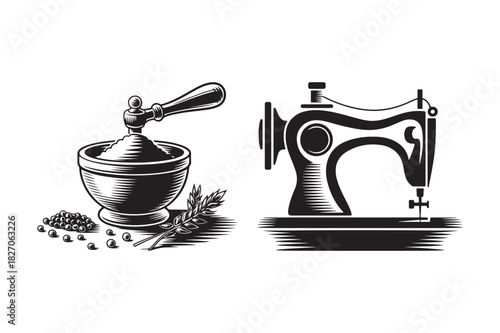 Vintage mortar and pestle with coffee beans beside a classic sewing machine