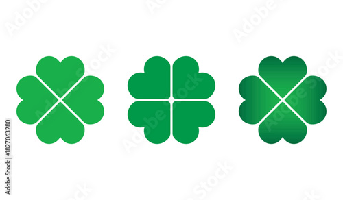 Set of lucky four-leaf clovers. Green four-leaf clover icons. St. Patrick’s Day symbol. Shamrock vector illustration. Luck and happiness concept. Good-luck themed design element. EPS 10.