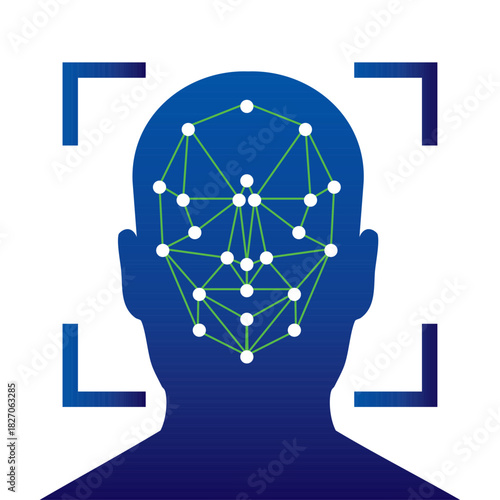 Face recognition icon with biometric symbol. Vector illustration. Concept of facial recognition, Face ID system, biometric identification, and face-scan system. Cybersecurity concept.