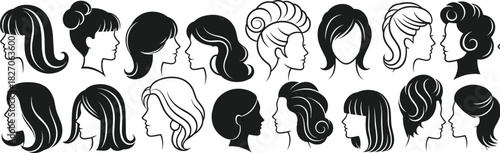 Collection of women hairstyle silhouettes, black female head profiles featuring various haircuts and styling for beauty salon logo design.