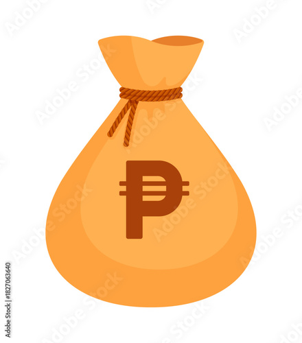 Beige money bag with Philippine peso sign (₱). Economy, finance, wealth, profit, income, banking, PHP currency concept. Flat vector illustration isolated on a white background	
