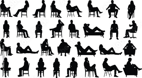 Large set of sitting people silhouettes, men and women on chairs and sofas in various poses isolated on white background.