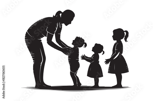 Silhouette of a parent with three children in a heartwarming interaction