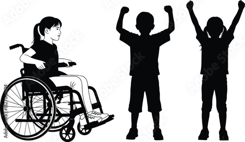 Vector illustration of inclusive children group featuring disabled girl in wheelchair and silhouette friends celebrating with hands raised up.