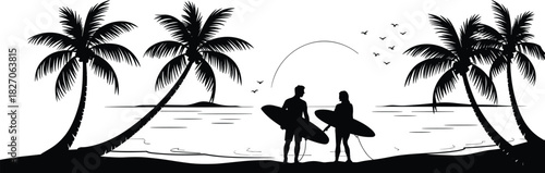 Silhouette of surfer couple holding surfboards on tropical beach with palm trees at sunset, vector illustration for summer vacation.