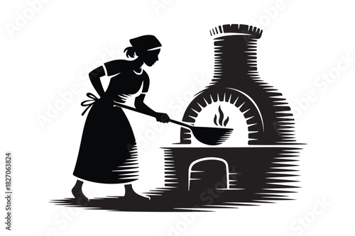 Cuadro en lienzo Woman cooking over a traditional wood fired oven illustration