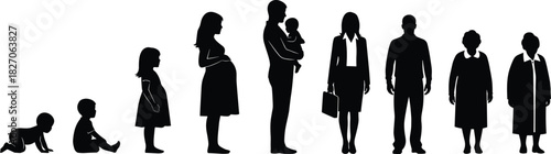 Vector silhouette collection of human life stages, from baby and child to adult, parent, and elderly senior generation.