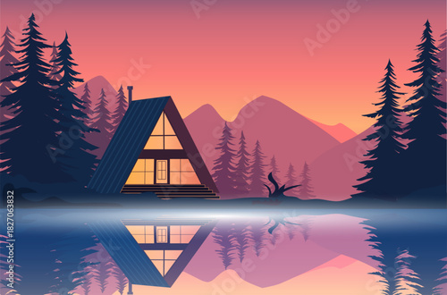A cozy cabin sits by a serene lake at sunset, surrounded by tall trees and majestic mountains. The warm glow from the cabin contrasts with the cool evening hues