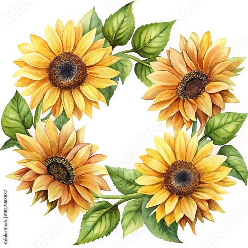 Elegant Watercolor Sunflower Wreath with Bright Yellow Petals and Green Leaves