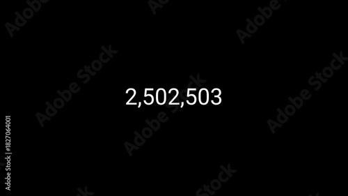 Number counter animation from 0 to 5000000 in 4k for likes and views, animated counting numbers from zero to five million on transparent background. 