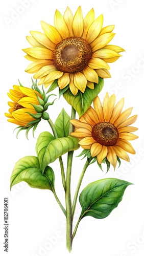 Watercolor illustration of a beautiful sunflowers with green leaves on white background