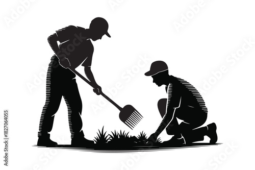 Silhouettes of two people gardening and working outdoors