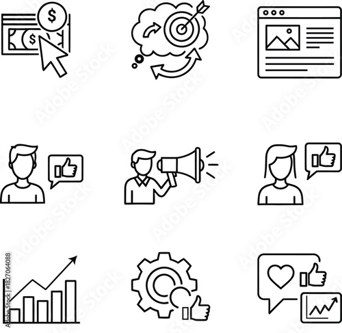 Social media marketing icons hand drawn style set