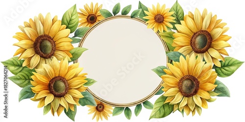 Watercolor Sunflowers Frame with Leaves, Perfect for Invitations or Greetings