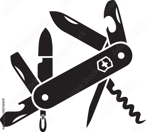 multitool pocket knife vector silhouette with tools extended for icons