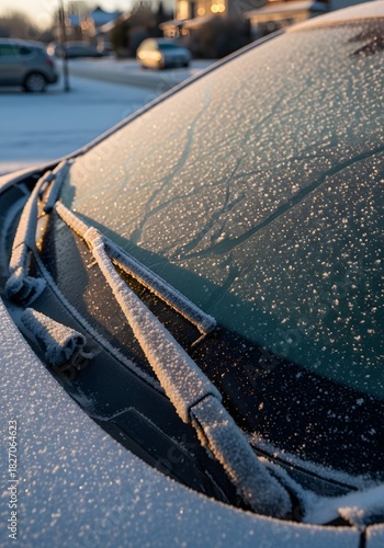 Frosty winter morning with frost-covered car windshield and wipers - perfect scene for winter travel and seasonal design