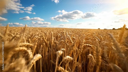 Golden Wheat Field Under a Bright Sunny Blue Sky.