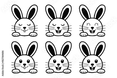 rabbit emoticon faces set six cartoon expression icons