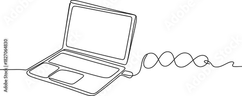 Continuous line art illustration of a modern laptop with a dna helix-shaped cable, symbolizing technology, science, and digital data. Vector, illustration