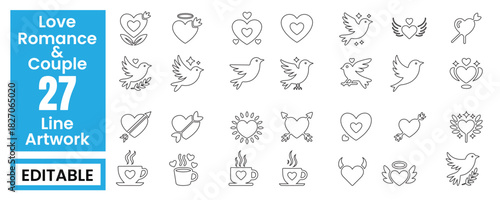 Sweet Romance Love & Couple Line Artwork Editable Vector Collection.