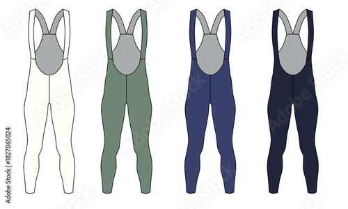 A collection of vector illustrations of cycling shorts with suspenders in white, green, blue, and black. A template for sports elastic leggings. A flat sketch of clothing for martial arts, running, 
