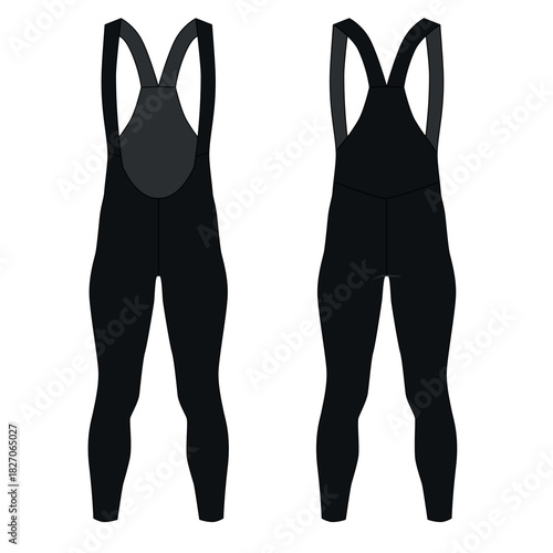Vector illustration of black cycling shorts with suspenders, front and back views. Blank template for sports elastic leggings. Flat sketch of clothing for martial arts, running, and cycling.