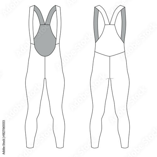 Vector illustration of cycling shorts with suspenders, front and back view. Blank template for athletic elastic leggings. Flat sketch of clothing for martial arts, running, and cycling.
