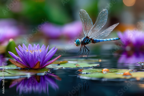 Dragonfly hovering above a water lily in a tranquil garden setting during early morning