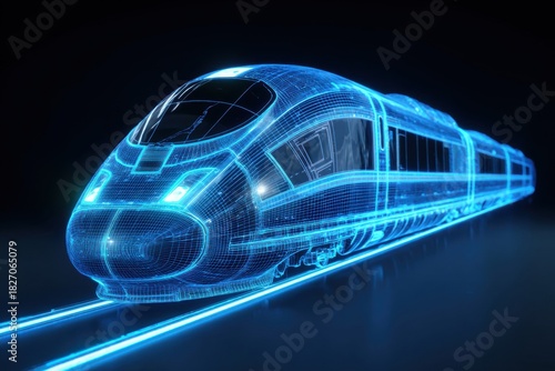 High-speed train rendered in holographic wireframe style, showcasing intricate details and futuristic design, emphasizing speed and innovation with copy space