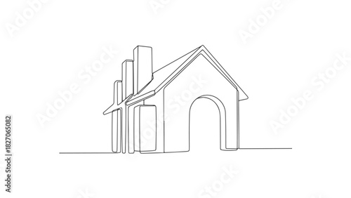 Abstract one continuous line art drawing of a house with a modern silhouette, symbolizing real estate and the concept of a welcoming home through minimalist architectural design