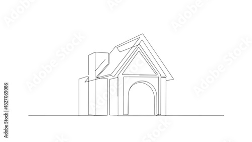 One continuous line art drawing of a charming house, minimalist and modern aesthetic