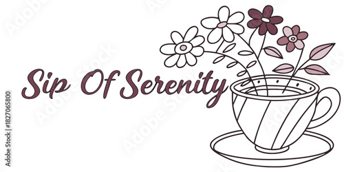 Sip of Serenity – Minimalist Line Sketch of Flower-Filled Teacup in Calming Floral Scene