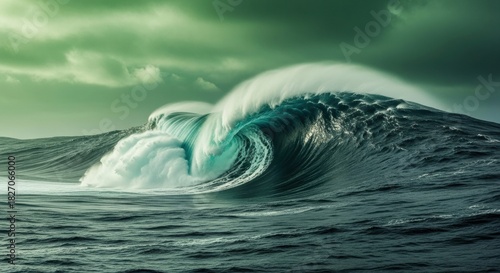 Fototapeta Naklejka Na Ścianę i Meble -  Massive powerful turquoise ocean wave cresting and breaking with white foam in a turbulent sea under a dramatic and ominous green stormy sky