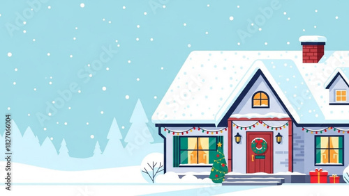 Festive winter home covered in snow, adorned with holiday lights, wreath on door, Christmas tree, and gifts evokes a warm, joyful, holiday spirit
