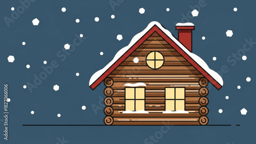 Charming log cabin illustration in a snowy winter scene, perfect for holiday cards or cozy designs, evokes warmth and nostalgia, originally a vector graphic