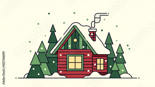 Cozy winter cabin retreat nestled amongst snowy pine trees offers a warm holiday escape, perfect for seasonal cards and festive designs