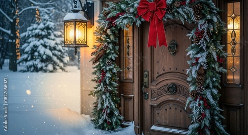 Beautiful wooden front door decorated with a festive Christmas garland, red bow, and pinecones on a snowy winter evening with a warm glowing lantern