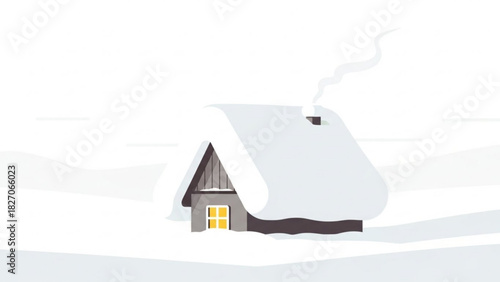 Cozy cabin nestled in snowy landscape, smoke curling from chimney, evoking winter peace and solitude, perfect for holiday designs and seasonal greetings