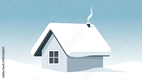 Cozy winter home illustration with snow-covered roof and chimney smoke, creating a warm, inviting feeling for the holidays, originally a scalable vector graphic