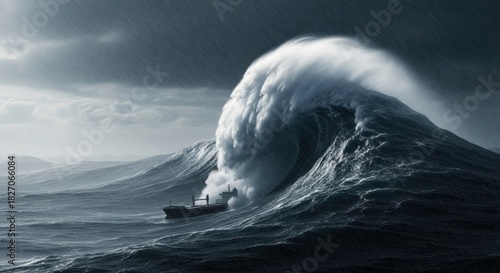 Fototapeta Naklejka Na Ścianę i Meble -  Large bulk carrier ship facing a gigantic rogue wave during a dramatic and dangerous ocean storm with heavy rain and dark, moody skies