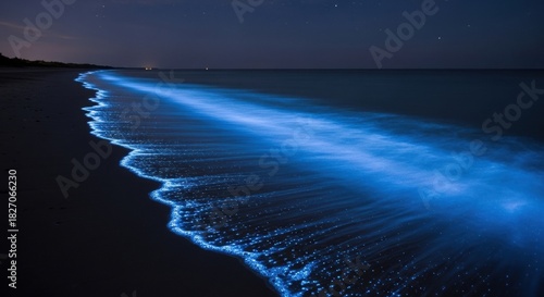 Fototapeta Naklejka Na Ścianę i Meble -  Bright blue glowing bioluminescent plankton washing ashore on a dark sandy beach, creating a magical and serene natural light phenomenon under a starry night sky
