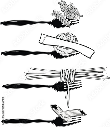 Illustration of different types of pasta on forks, artistic line art