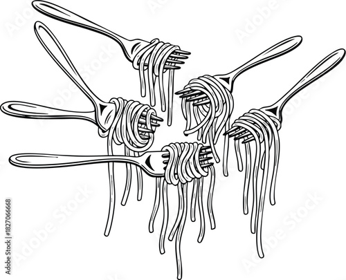 A dynamic and monochrome vector illustration depicting a multitude of forks each gracefully twirling intricate strands of spaghetti, creating a whimsical and engaging culinary image
