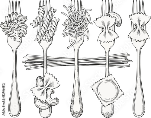 A delightful black and white illustration showcasing various pasta varieties elegantly served on individual forks, highlighting diverse shapes and culinary artistry