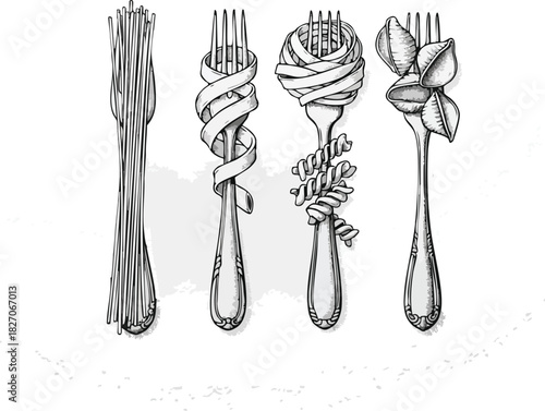 Pasta Forks Hand-Drawn Illustration of Different Types of Pasta Served on Forks