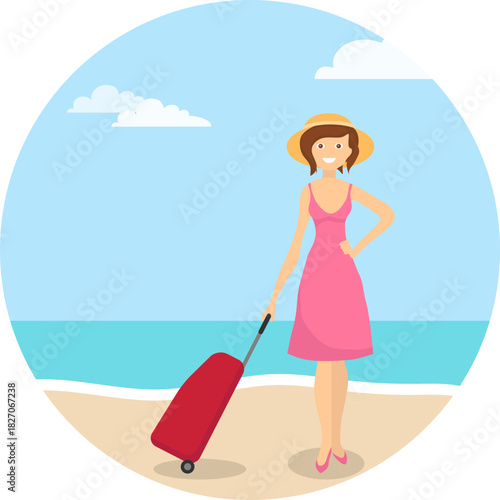 Vacation concept: a young woman with a tourist bag standing against a beach and ocean backdrop. Vacation banner. Vector, designer illustration, web banner, vector.