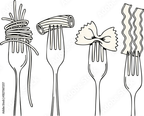 Minimalist line art illustration featuring four forks holding a variety of popular pasta shapes spaghetti, farfalle, rigatoni, perfect for culinary and food designs