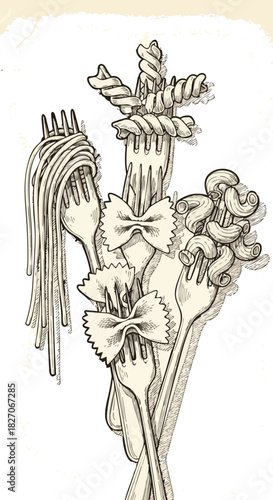 Pasta Paradise A Whimsical Illustration Showcasing Diverse Pasta Shapes on Forks for Culinary Delight
