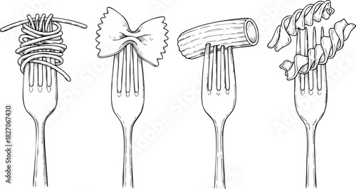 Assortment of Italian Pasta Varieties Artfully Presented on Individual Forks in a Detailed Black and White Line Art Illustration, Celebrating Culinary Heritage